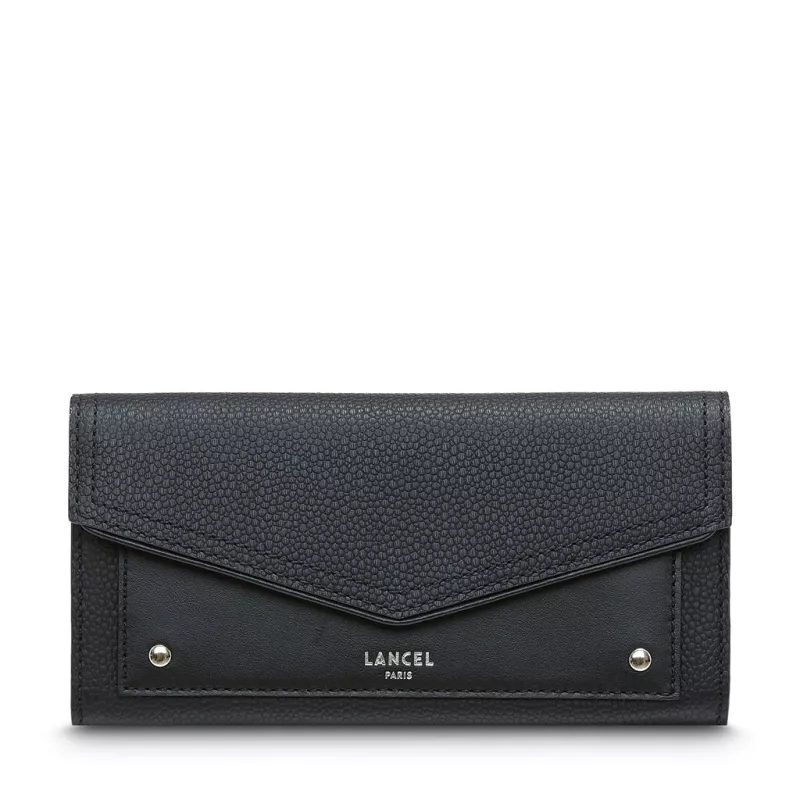 lancel - portefeuille slim rabat neo enveloppe cuir graine et lisse lancel - portefeuille slim rabat neo enveloppe cuir graine et lisse